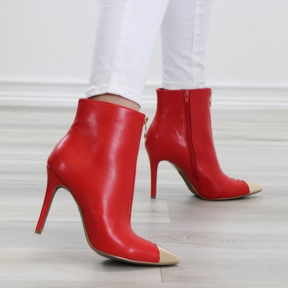 Ankle Red Boots Faux Leather Gold Pointy Toe - Picture 3 of 14